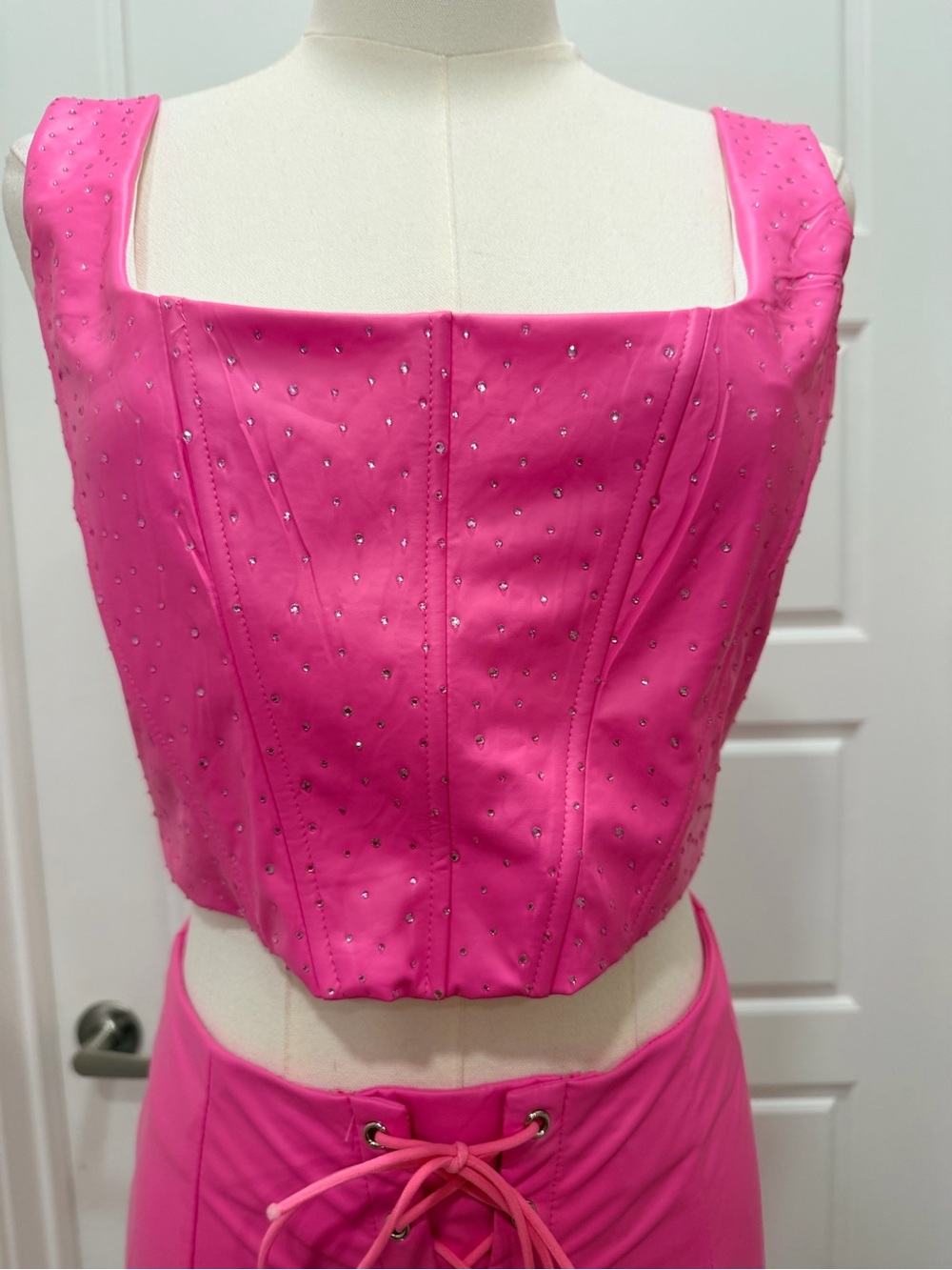 Windsor Hot Pink Lace-Up Wide Leg Rhinestone 2PC Pant Set - Picture 4 of 10
